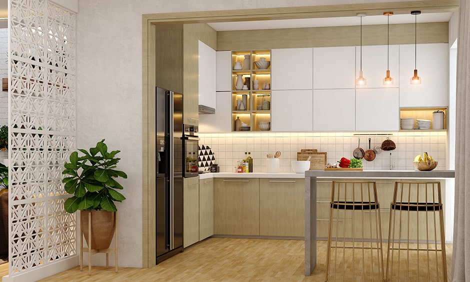 Beige, white and copper color combination make your modular kitchen look bright and inviting