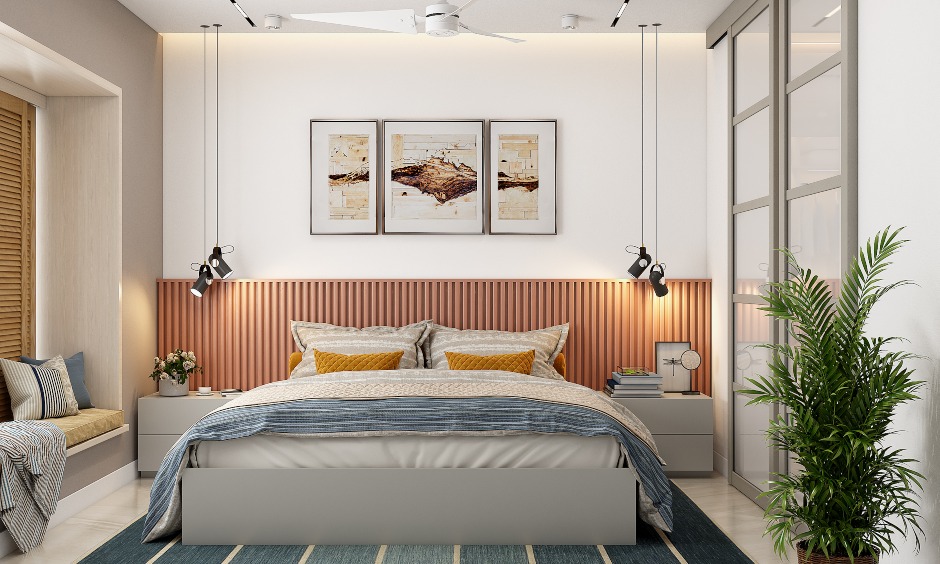 Best 3bhk interior design with a proper bed with a bedside table, walk in wardrobe and a open window seating