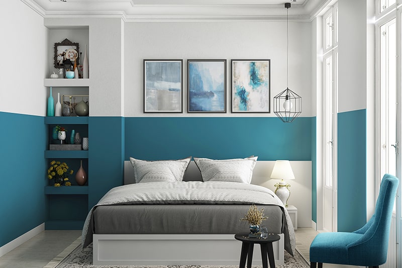 Best colour combination for bedroom walls with a dual-toned wall in sky blue and white