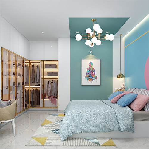 Best home interior designers in Mumbai designed a bedroom with a corner wardrobe