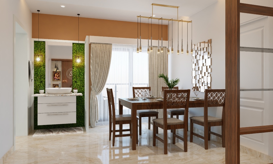 Best interior designers in chennai where the dining area looks spacious and natural, with a gorgeous wooden dining table for five