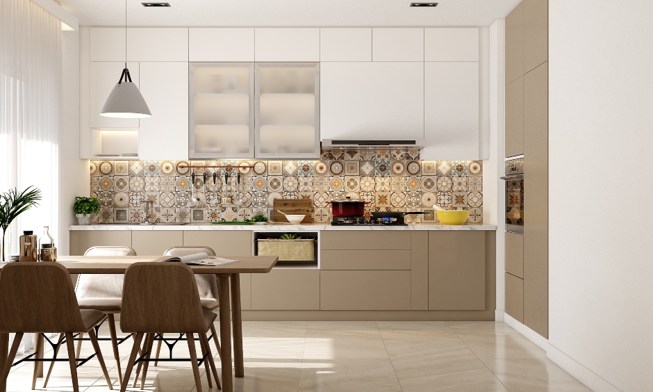 best interior designers in chennai where the modular kitchen has handleless storage systems, pull-out units and a Morrocan tiled backsplash