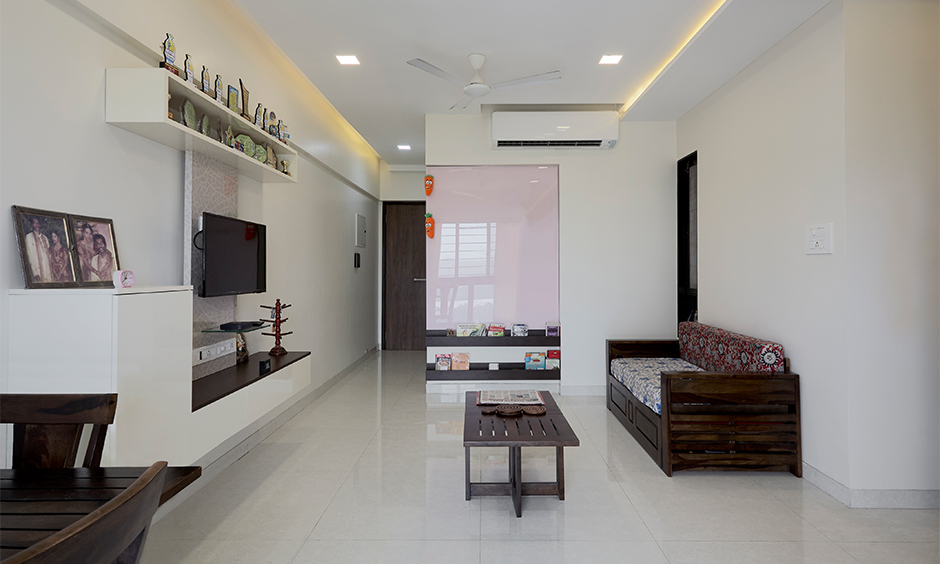 Living room with minimal interiors designed by best interior designers in mumbai