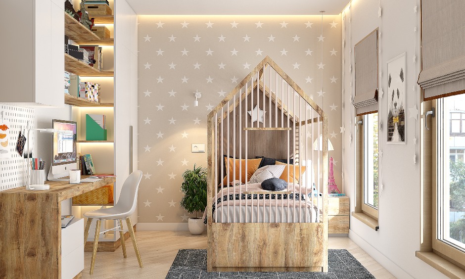 Best interior dsign for 2bhk flat with hut shaped bed, study table and book storage shelves