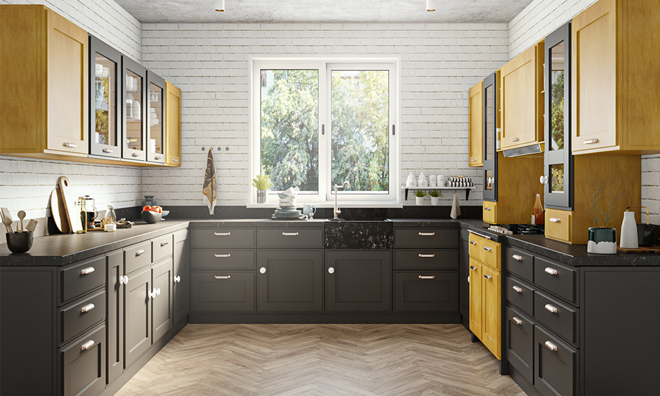 This U-shaped yellow and brown kitchen unit design look sleek and right combination with tall unit and cabinets.