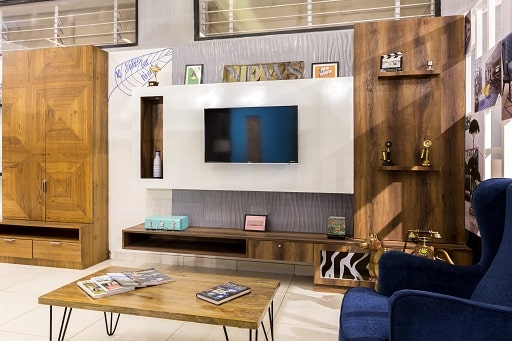 7 Living Room Concepts with TV unit storage designs are available at Design Cafe Bangalore Experience Centre.