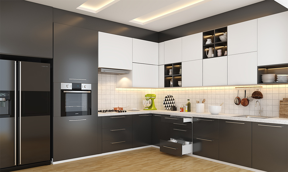 Modern l shaped kitchen design where you can never go wrong with black and white