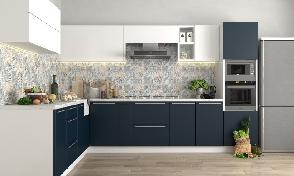 Blue and white modular kitchen design with pull out drawers for modern kitchen interiors in bangalore