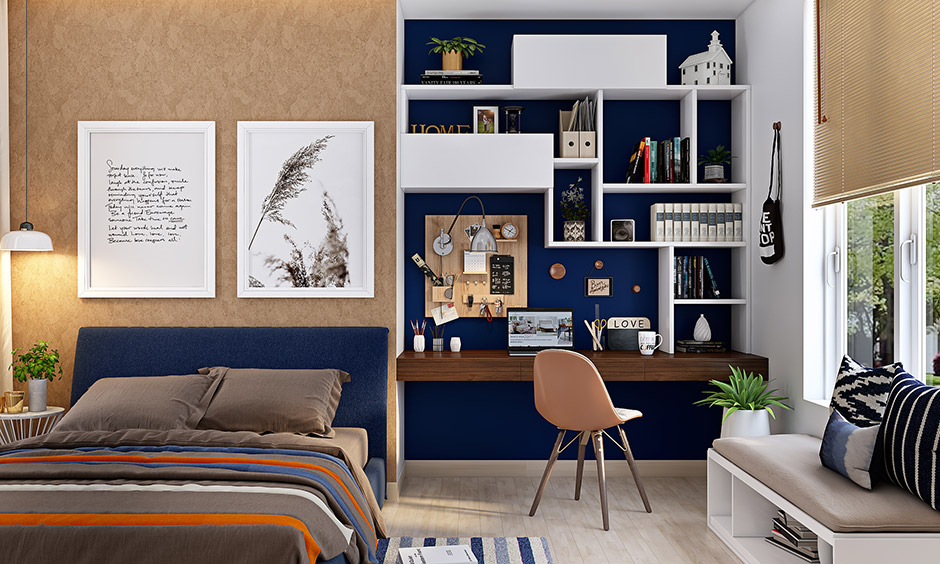Blue and brown color combination for study room is refreshing and bright enough and will make any room stand out.