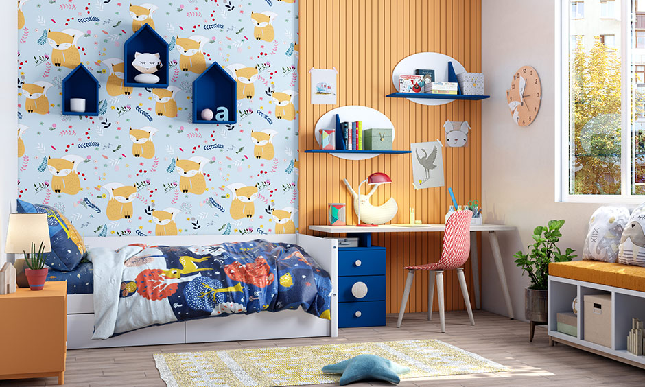 Shades of blue and orange can be used for kids' room colour combination that makes it more fun and beautiful.