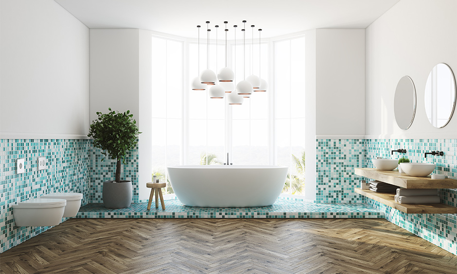 Bring out the gorgeous blue bathroom tiles design with geometric print blue bathroom wall tiles