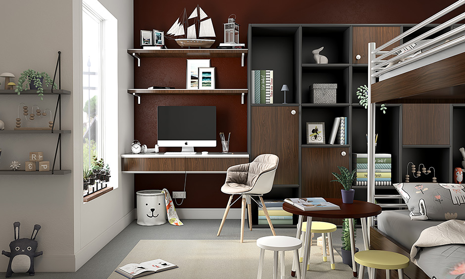 Deep brown and grey study room color combination creates both a calming and productive.