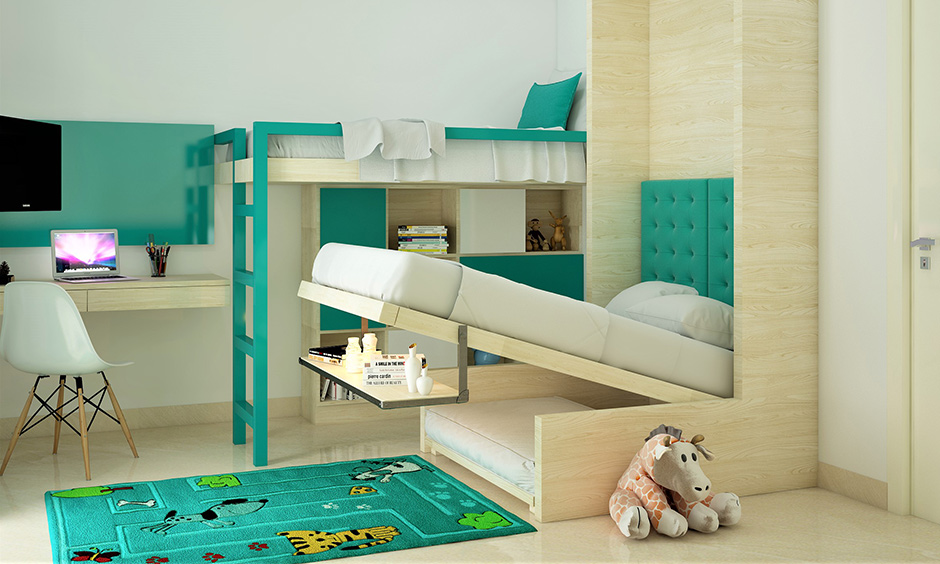 Bunk bed designs india with wall bed combo with shelves built-in in the lower area