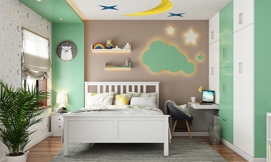 Kids' room with a green, white, and brown pop design colour combination, moon and star carvings add a whimsical touch