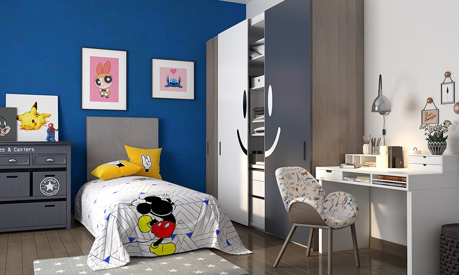 Cerulean blue and white kids room colors combination makes the bedroom both fun and trendy.