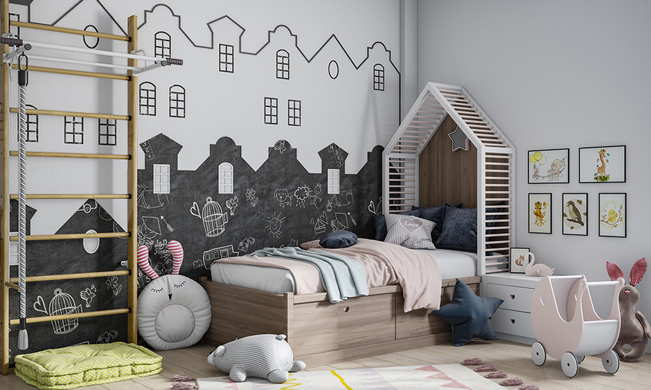 Chalkboard wall and white are best suitable kids room colors become the main decor element of the space.