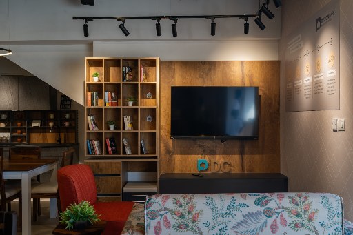 Living room with dining area concept at chennai interior design studio
