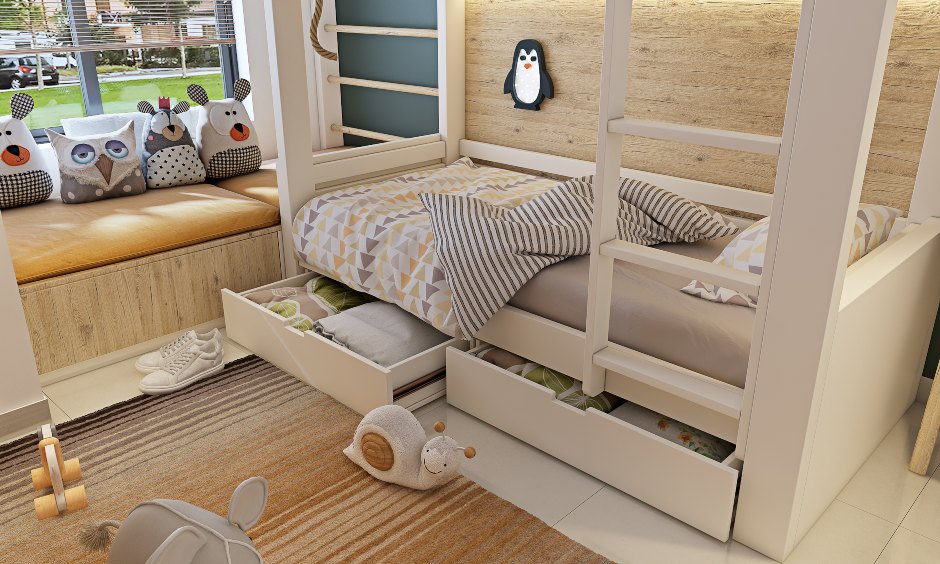 Childrens room interior design with a bunkbed with storage space at the bottom