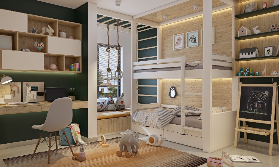 Latest childrens room design with a bunk bed and seating area