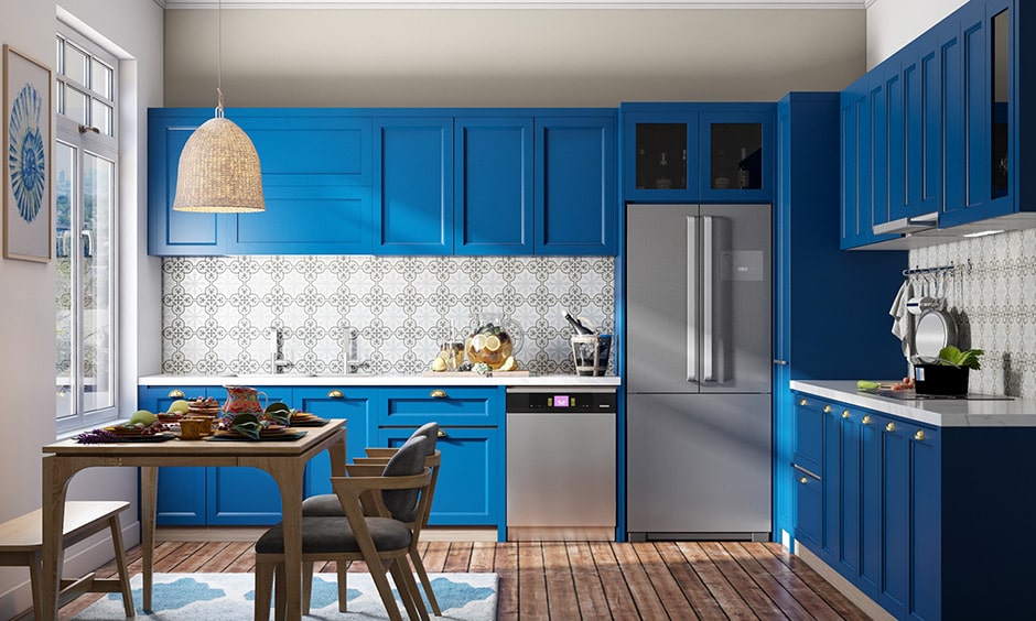 Kitchen color schemes with classic blue with grey and white