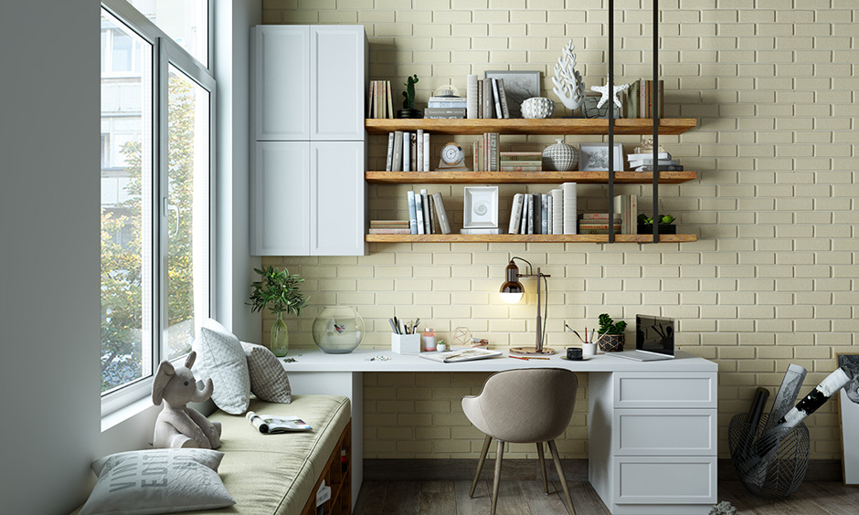 Classic cream and white are the best colour combination for the study room with soothing effect. 