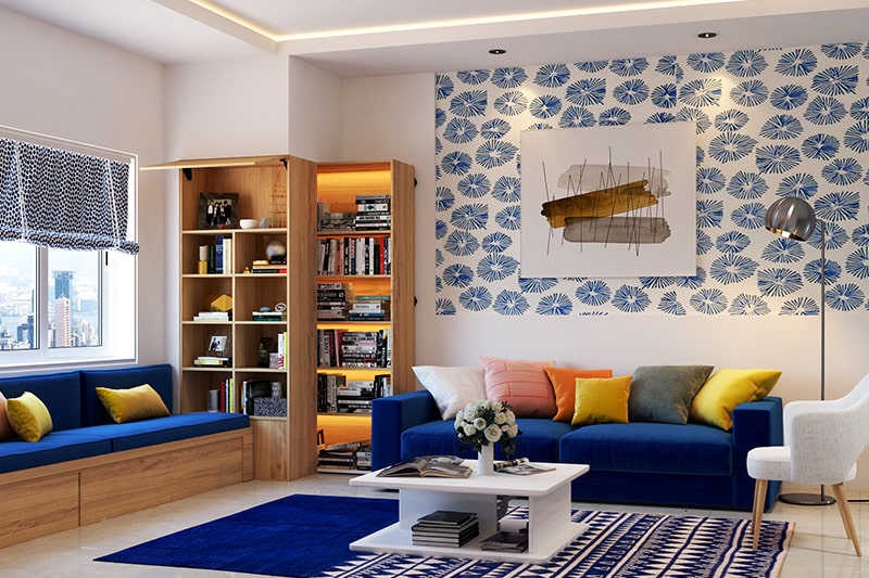 Colour combination guide for living room with classic blue