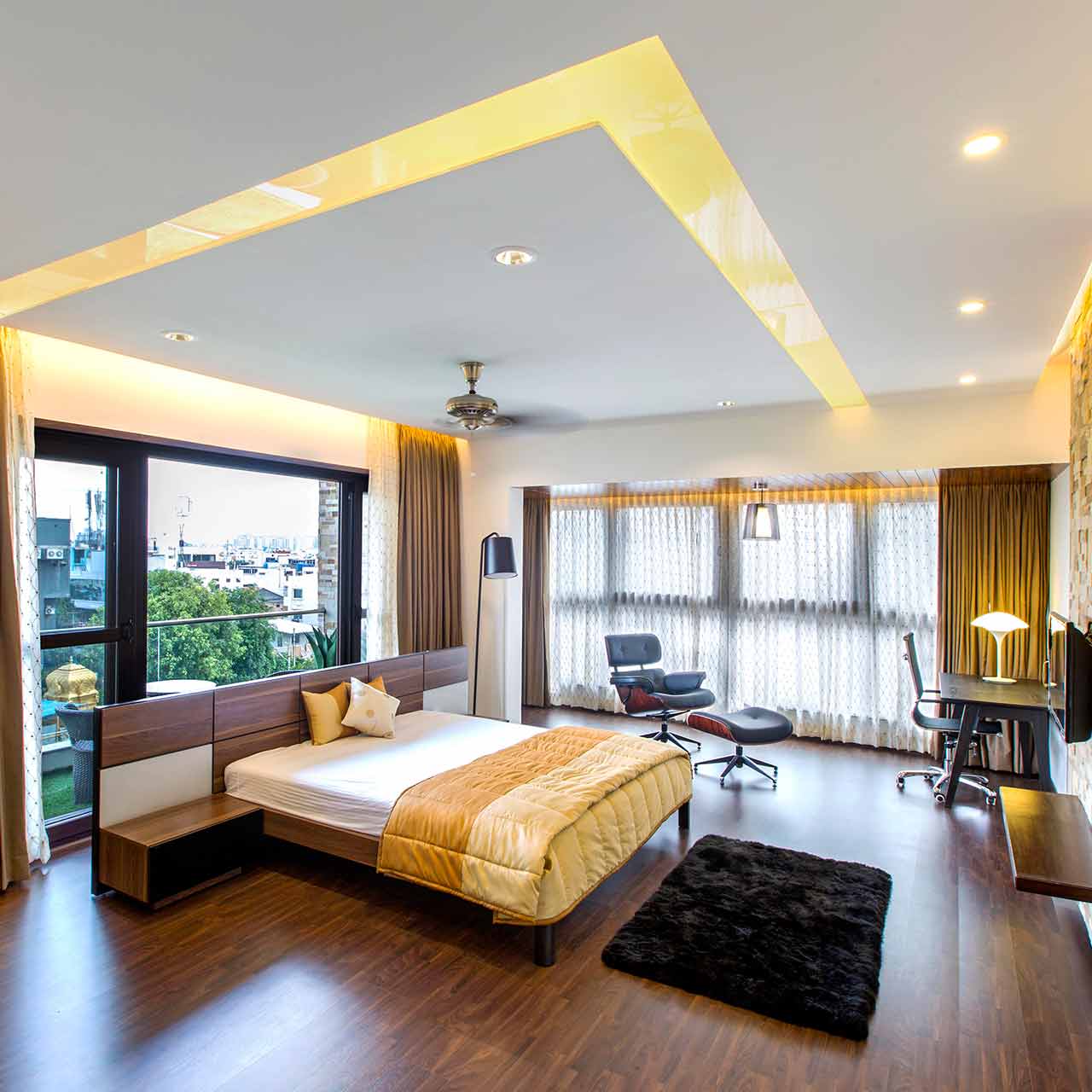 Contemporary style bedroom interior design is characterised by sleek and clean design 