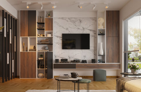 Corner TV unit design to save space in elegant and functional style