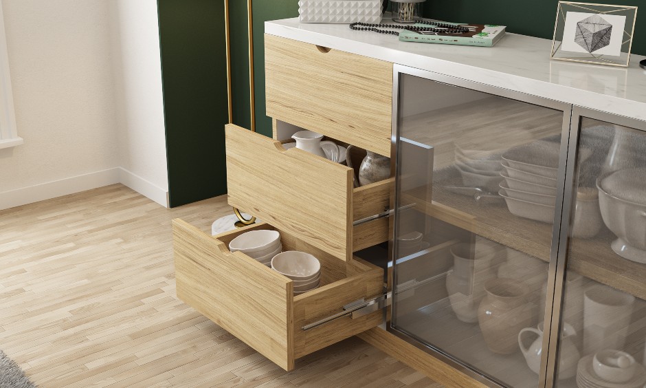 Crockery unit drawers to enhance dining room cabinet storage space in small indian homes images.
