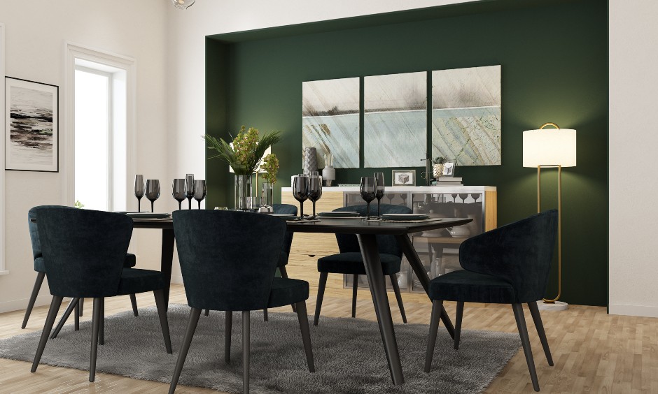 Dining hall interior designs in green colour to enhance dining room designs of small indian homes.