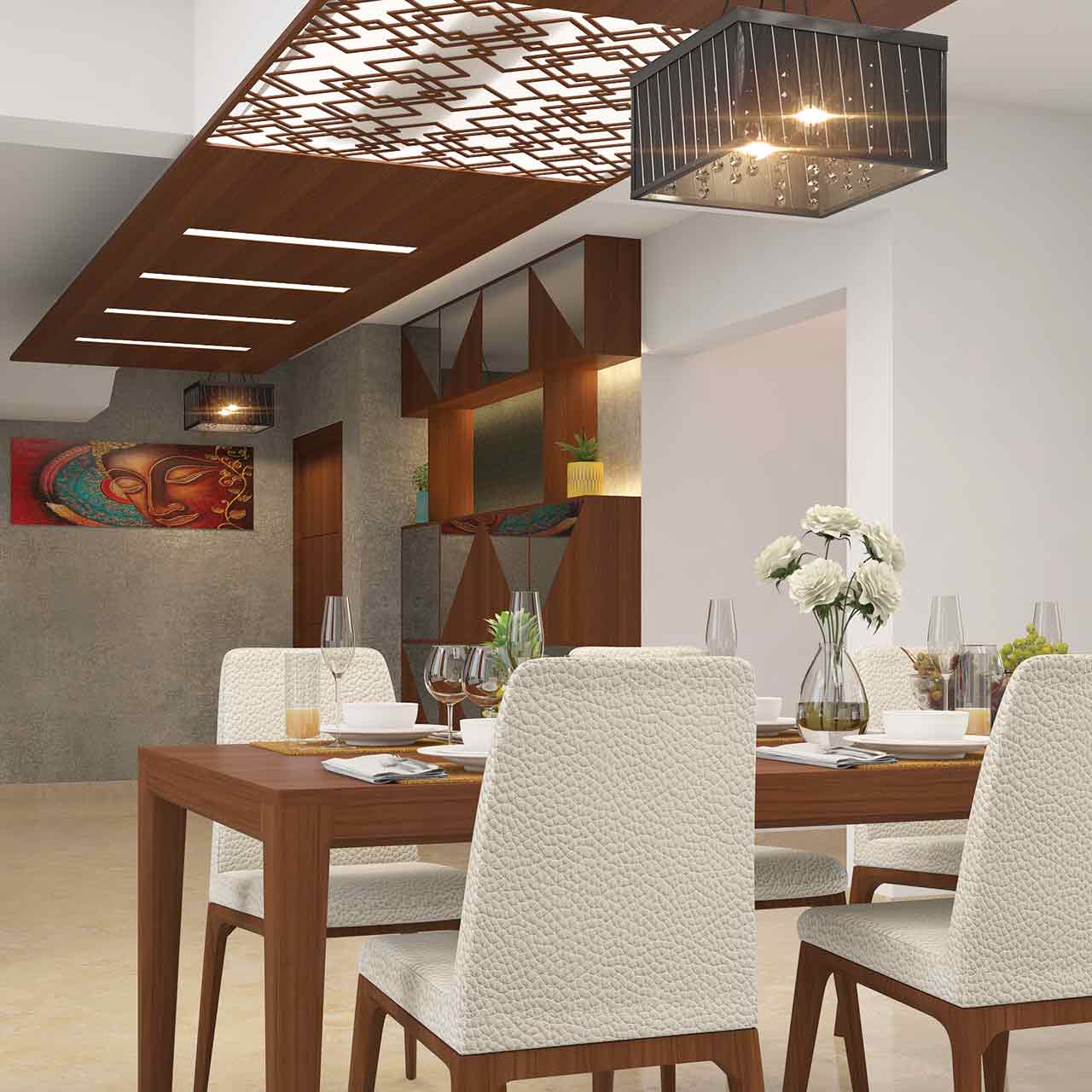 Dining room interior design where you can install a chandelier directly over the table of dining table in living room