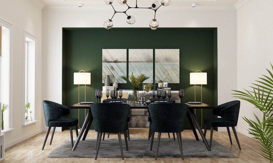 Dining room interior design in neoclassical style in green colour for Bangalore homes.