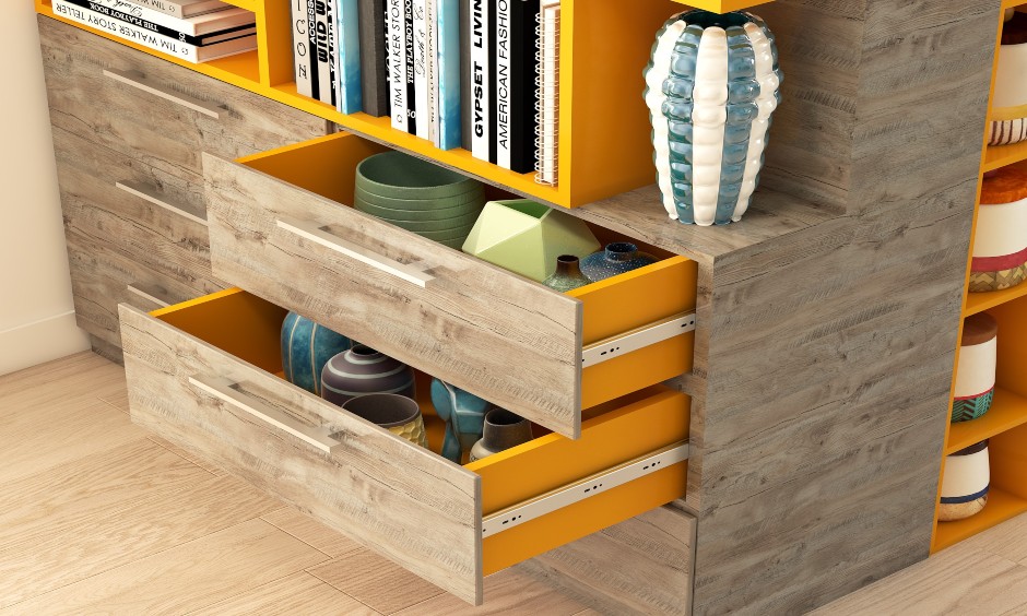 Dining room design with book shelf and a large tandem drawers