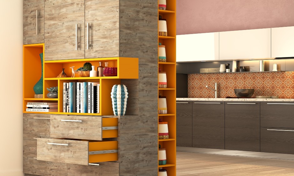 Dining room design with a display unit, bookshelf and drawers