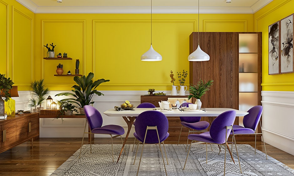 Dining room paint colors with yellow, white and purple coloured dining chairs