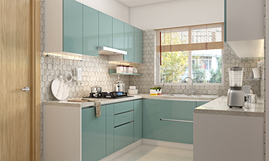 Dual colour tone kitchen designed in 1bhk apartment with hexagonal tiled backsplash