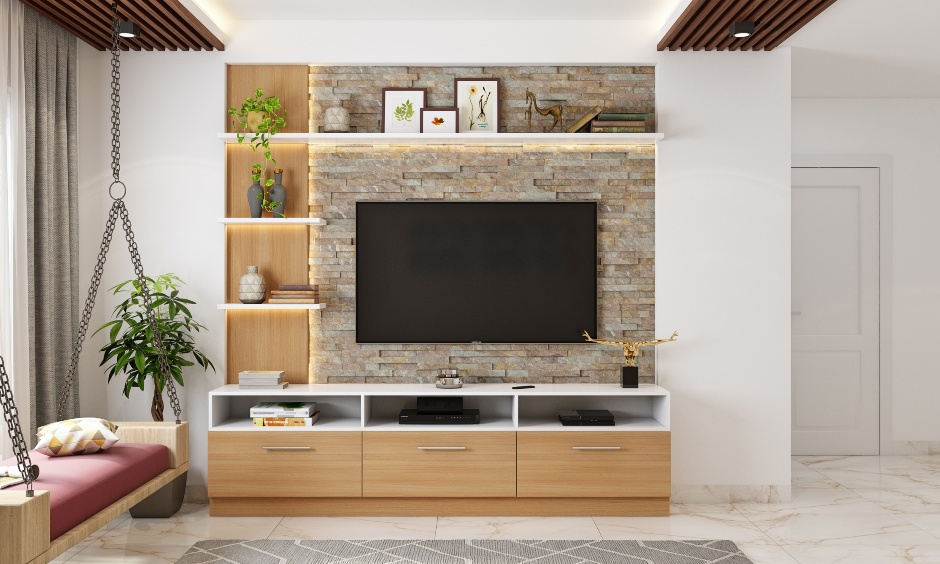 Eclectic living room design with wall-mounted tv unit with low-lying cabinet