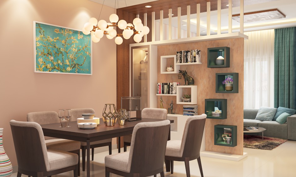 Eclectic style dining room interior design wall shelves, mix of decor, artwork, wall art and bright colours.