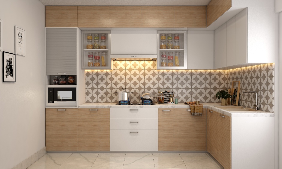 Elegant 1bhk home designed with l shaped modular kitchen in light wood