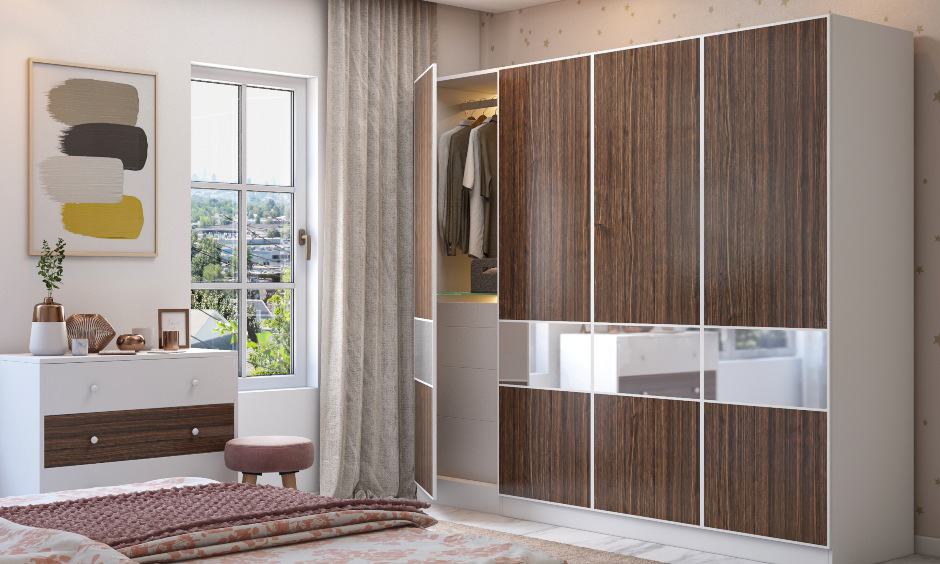 Wardrobe design in simple style with 4 door dark wood and white laminate