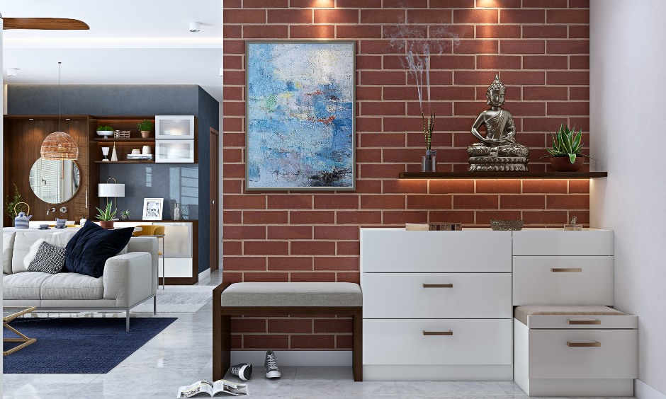 Foyer design for 2bhk house with woodwork, square mirror & drawers in the 2 bhk flat design