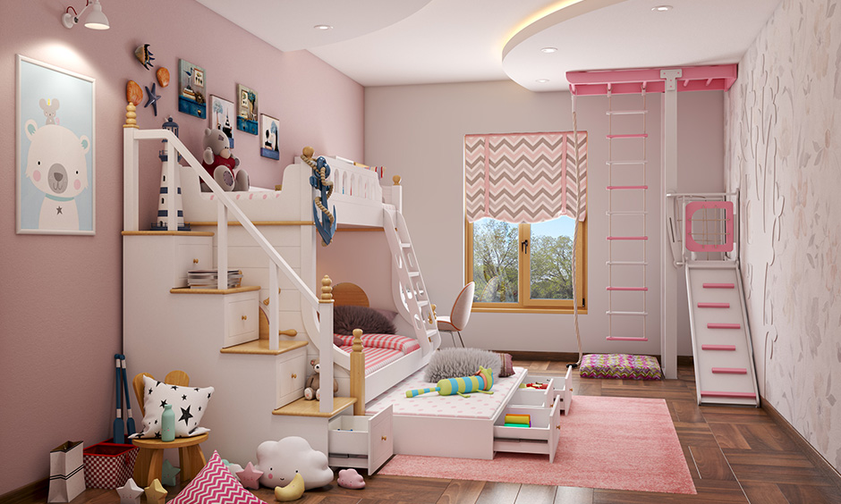 Kids bedroom style a play area and a study unit which together makes the room fun and functional. 
