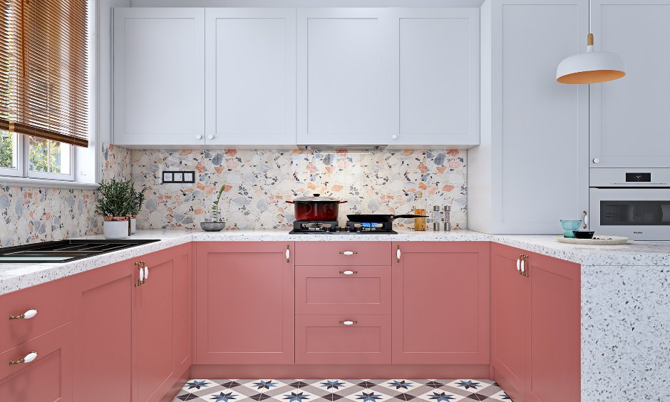 G shaped modular kitchen design in blush pink and white