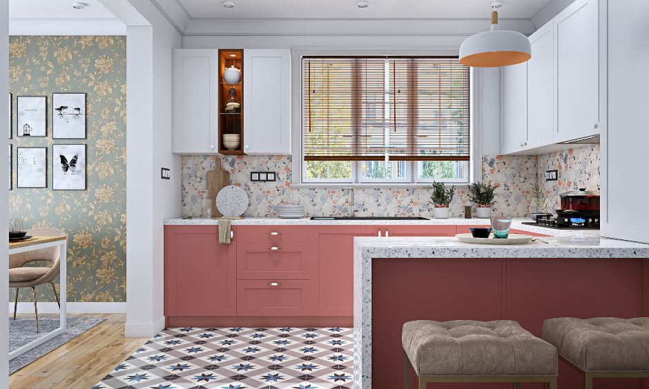 G shaped kitchen with patterned floor tiles to kitchen's interiors