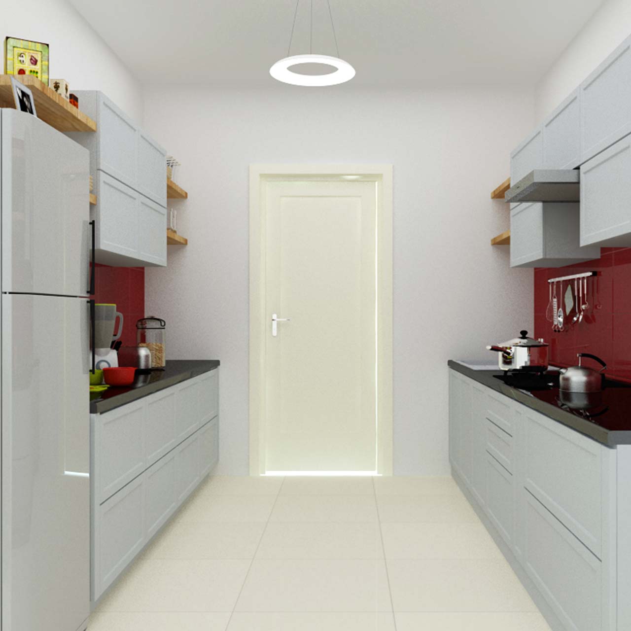 Galley kitchen layout works well with all kitchen styles and galley type of kitchen shape can fit several cabinets and house doors