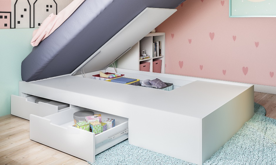 Girls kids bedroom bed with storage space for toys in modern kids bedroom