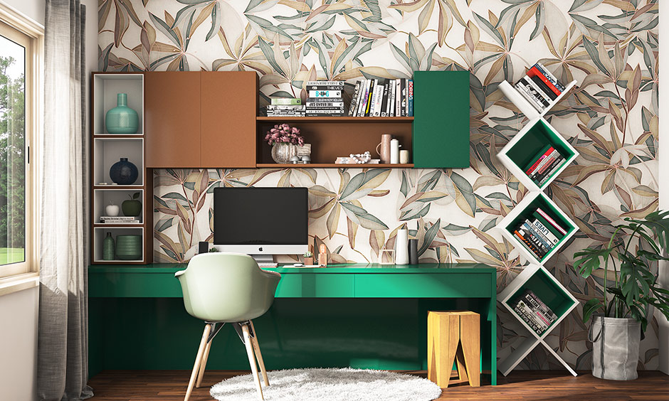 Study room painting colour with cedar green and coffee-coloured cabinets bring energetic study room color