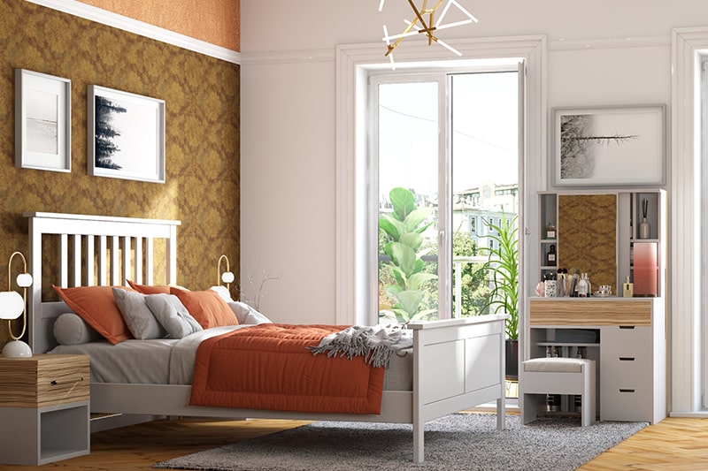 Guest bedroom colour combinations with orange and brown with a splash of grey
