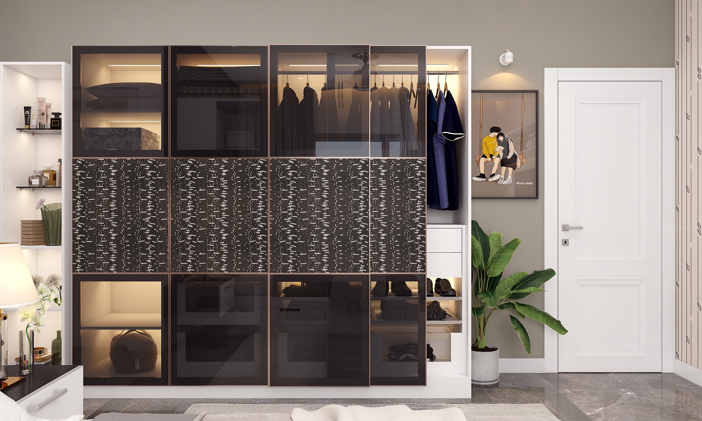 High-end interiors feature a sliding door wardrobe with glass and patterned engineered veneer