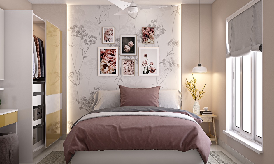Home 3bhk designed bedroom in pastel colour with a window on one side to let in ample natural light
